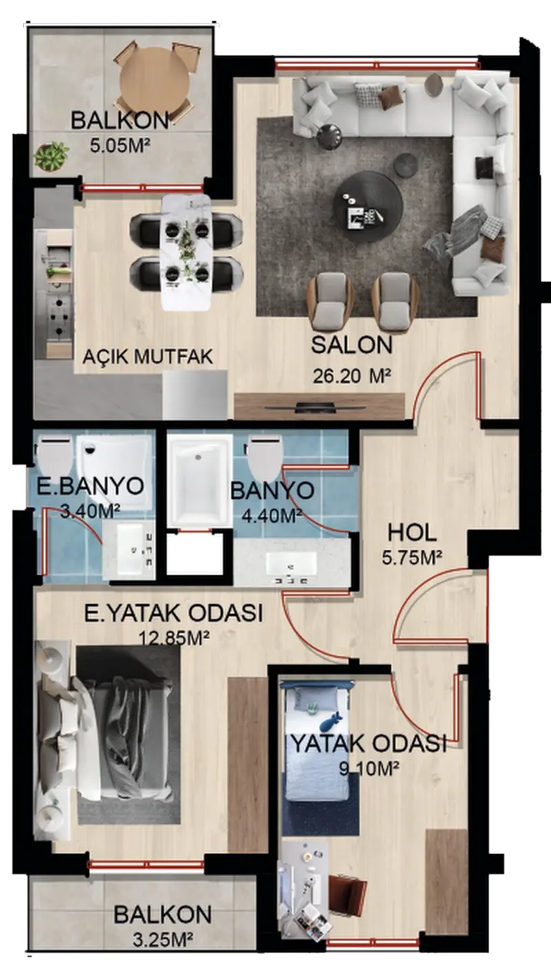2+1 ara kat dairesi, normal kat planı