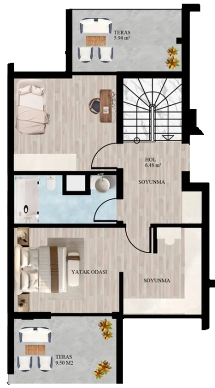 3+1 çatı dubleksi, çatı katı planı