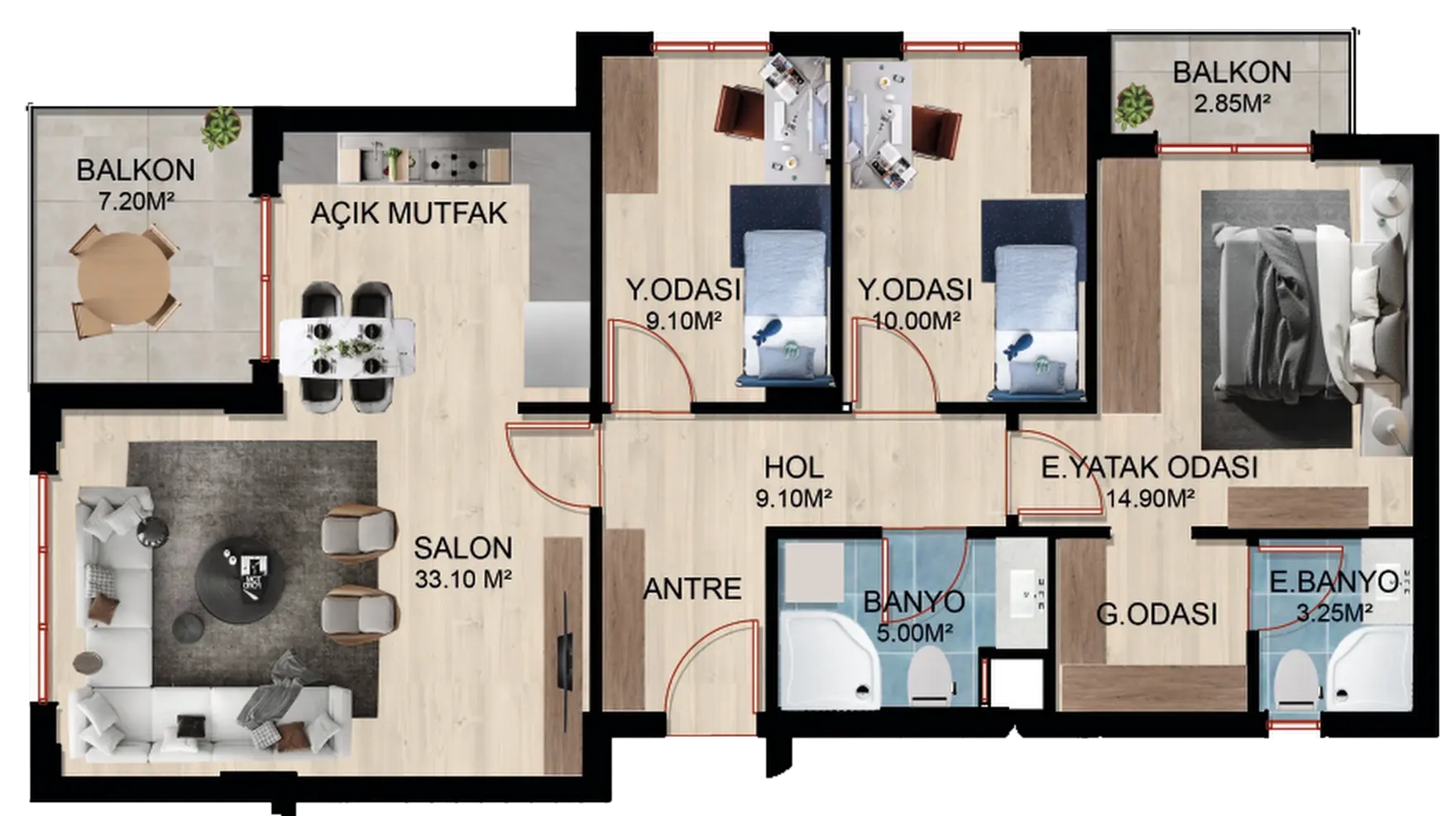 3+1 ara kat dairesi, normal kat planı