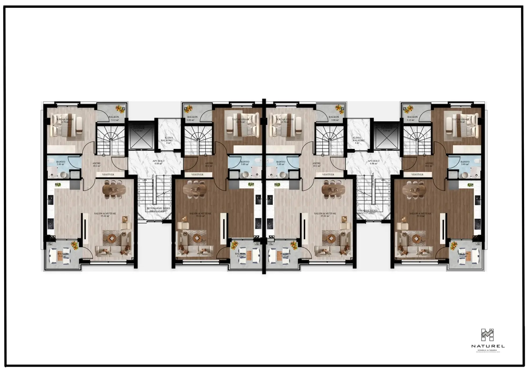 B · D · E blok / 5. kat planı, kattaki tüm dairelerle