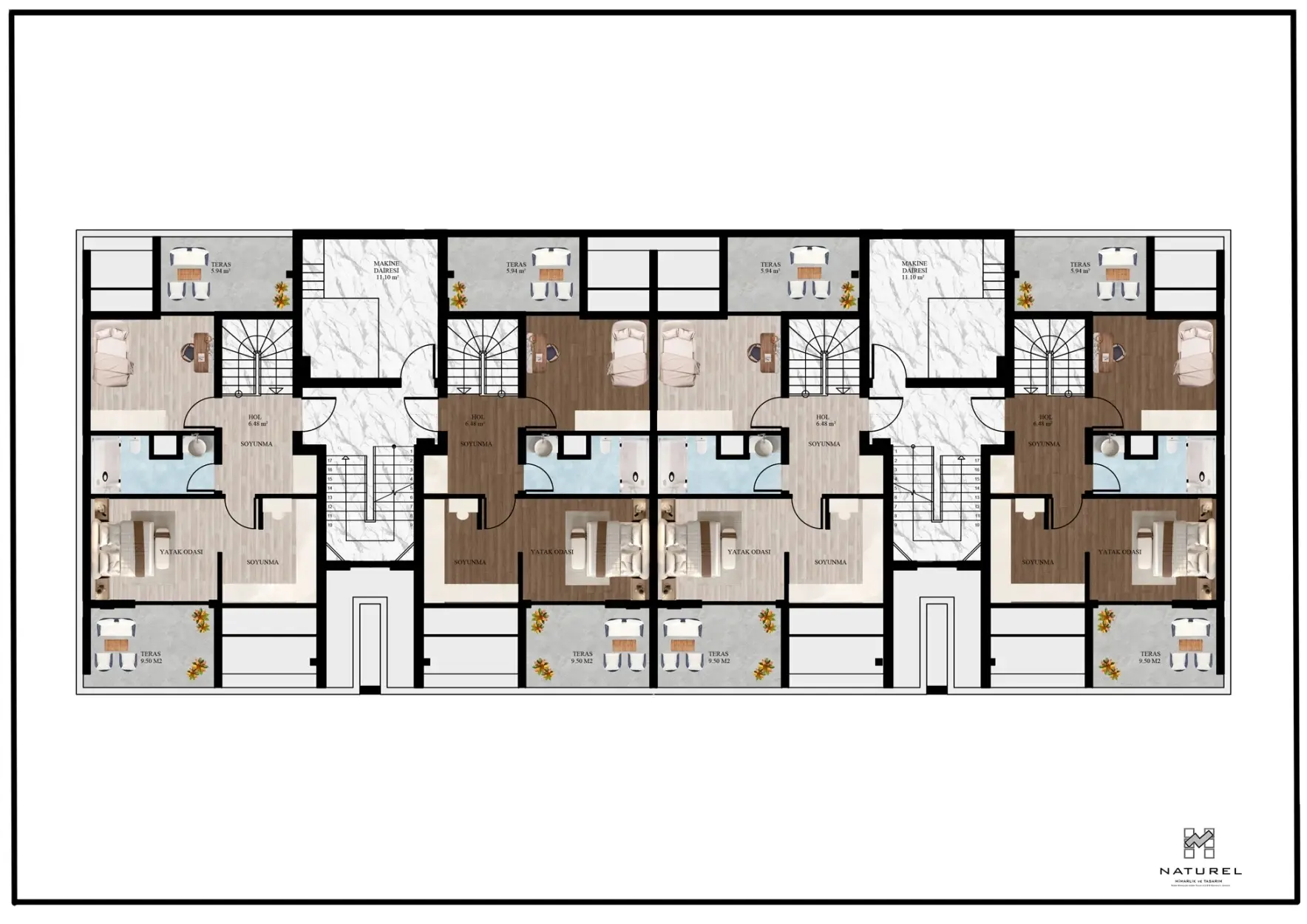 B · D · E blok / Çatı katı planı, kattaki tüm dairelerle