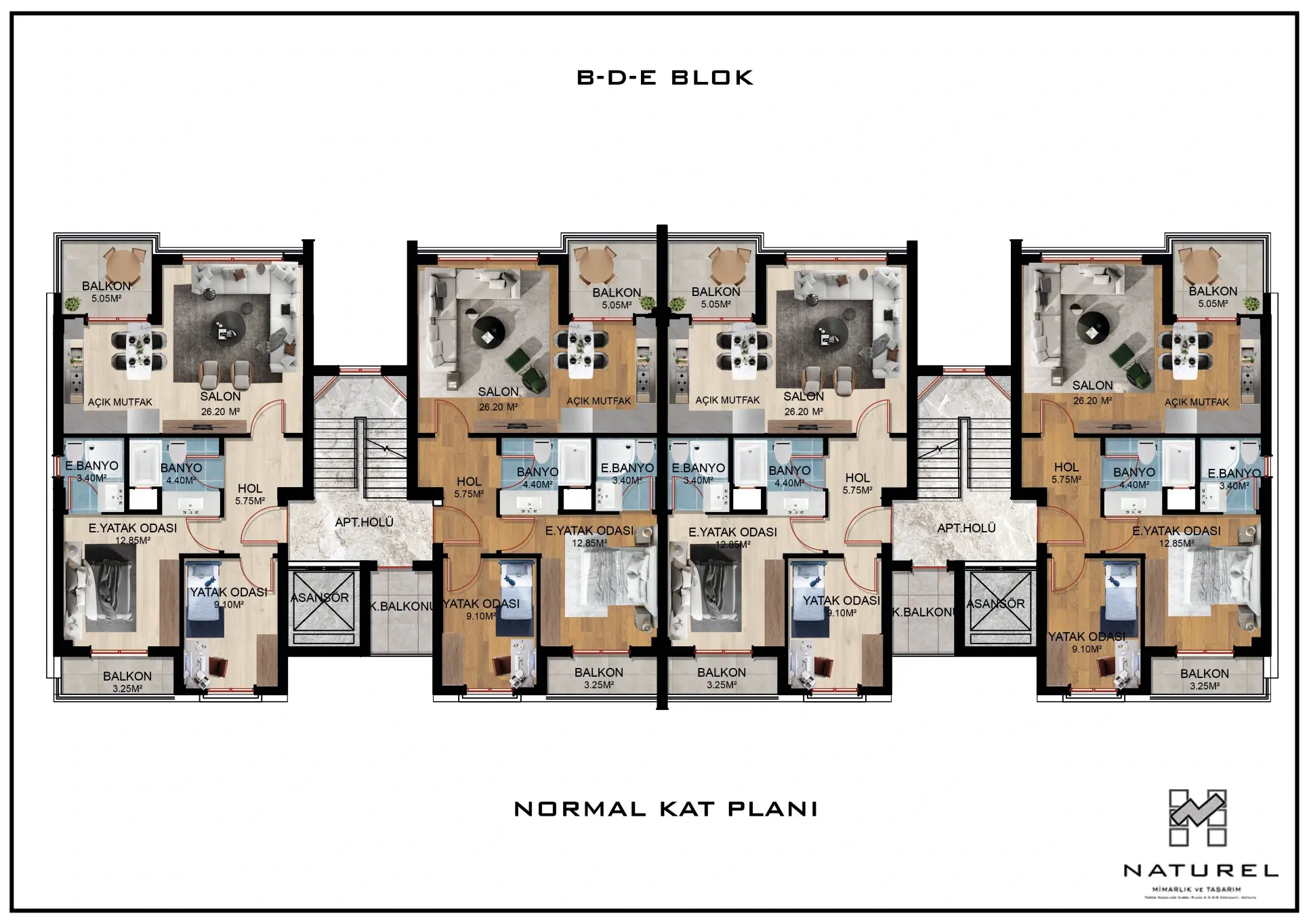 B · D · E blok / Normal kat planı, kattaki tüm dairelerle
