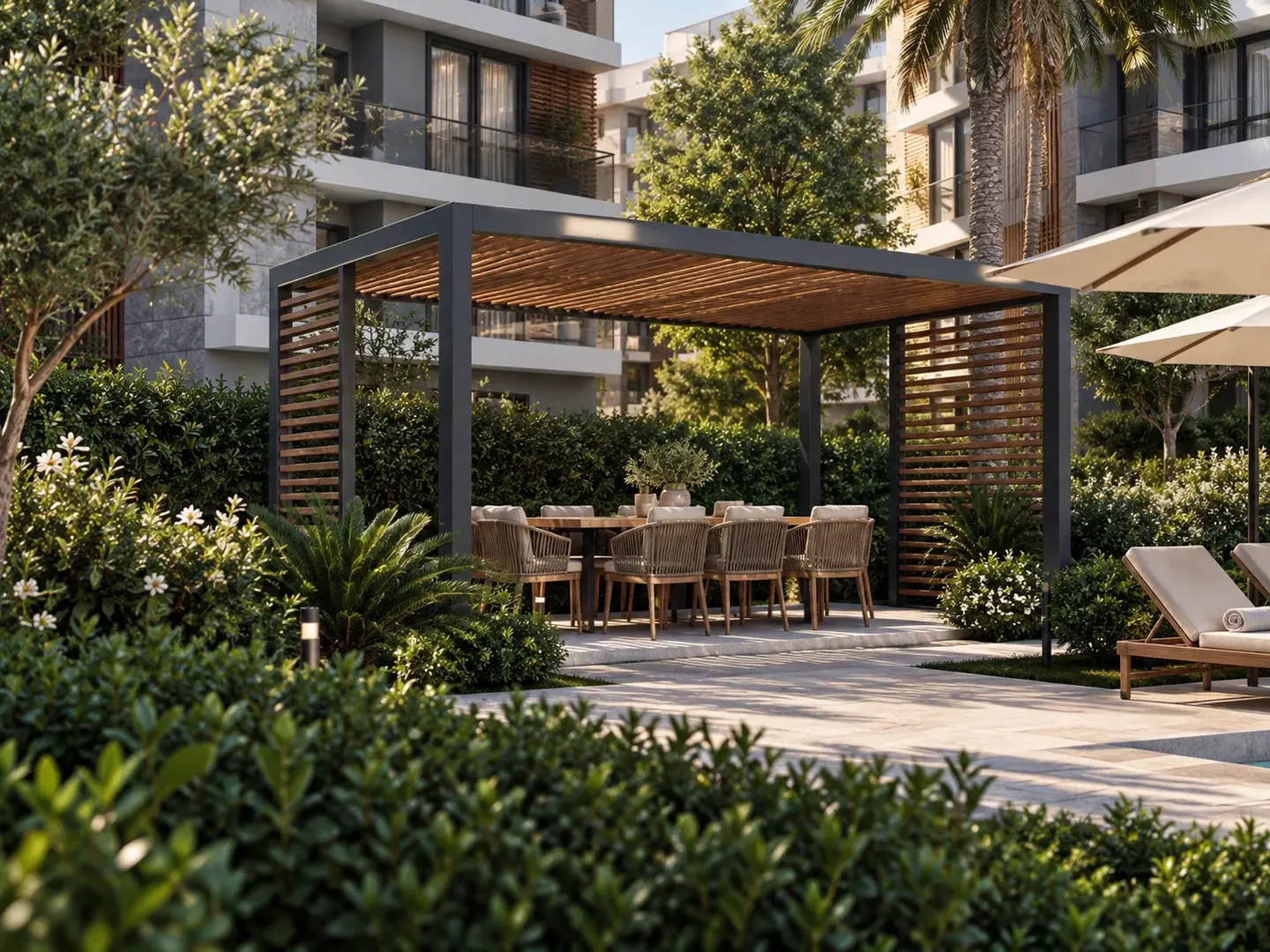 Doğapark avlusundaki pergola, gölgeli masa ve oturma alanının temsili yakın görünümü